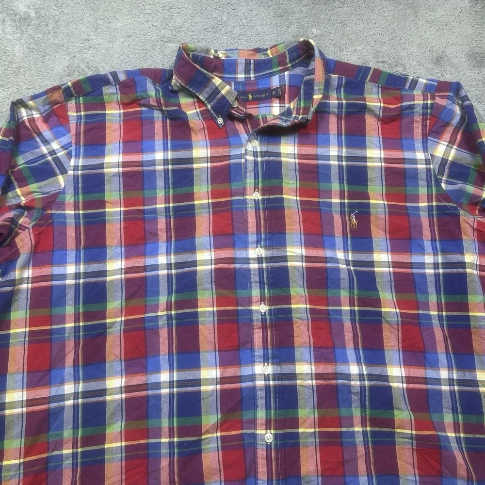 Ralph Lauren Oxford Shirt Men 3XB Madras Plaid Long Sleeve‎ Flesh Pony Button Up